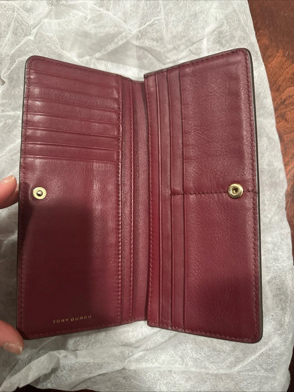 Tory Burch Pebbled Leather Wristlet in Deep Burgundy with Gold Logo